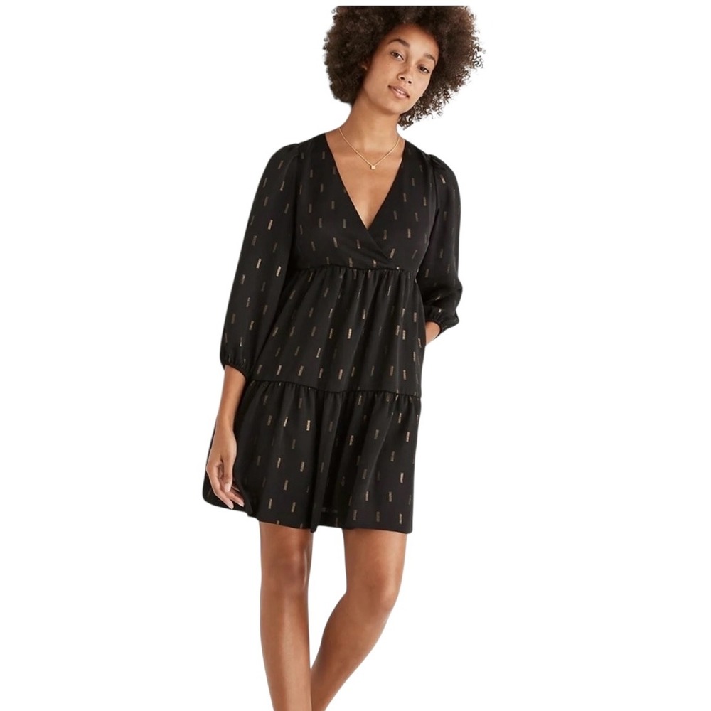 Madewell Black Gold Metallic Foil Dash‎ Tiered Mini Dress V-Neck Long Sleeve L